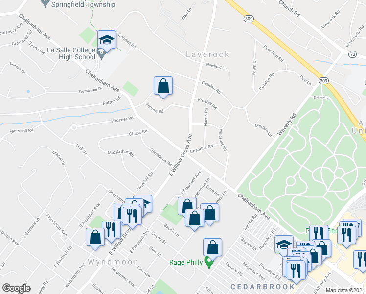 map of restaurants, bars, coffee shops, grocery stores, and more near 1601 East Willow Grove Avenue in Laverock