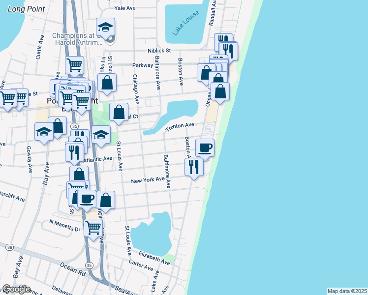 map of restaurants, bars, coffee shops, grocery stores, and more near 103 Atlantic Avenue in Point Pleasant Beach