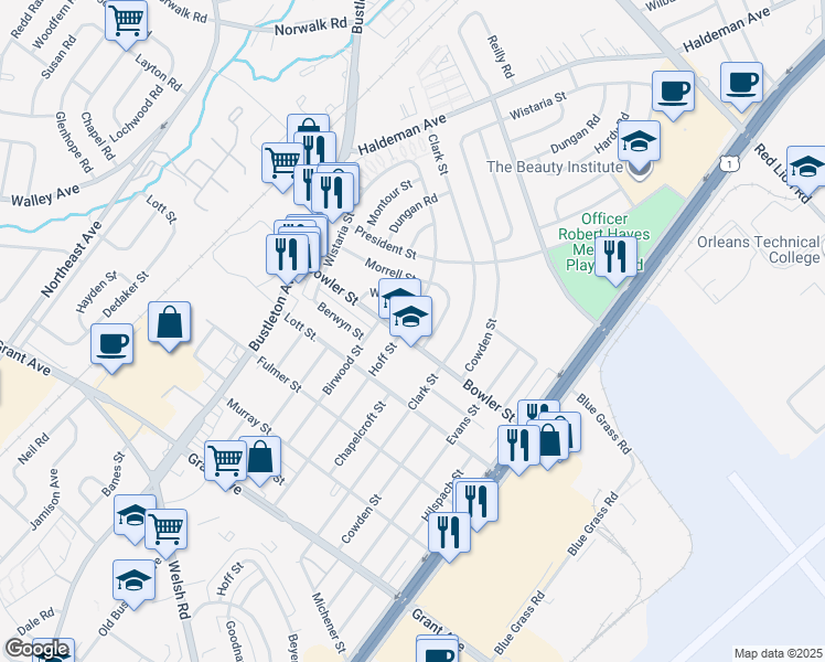 map of restaurants, bars, coffee shops, grocery stores, and more near 9733 Hoff Street in Philadelphia