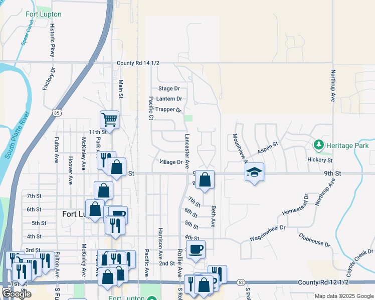 map of restaurants, bars, coffee shops, grocery stores, and more near in Fort Lupton