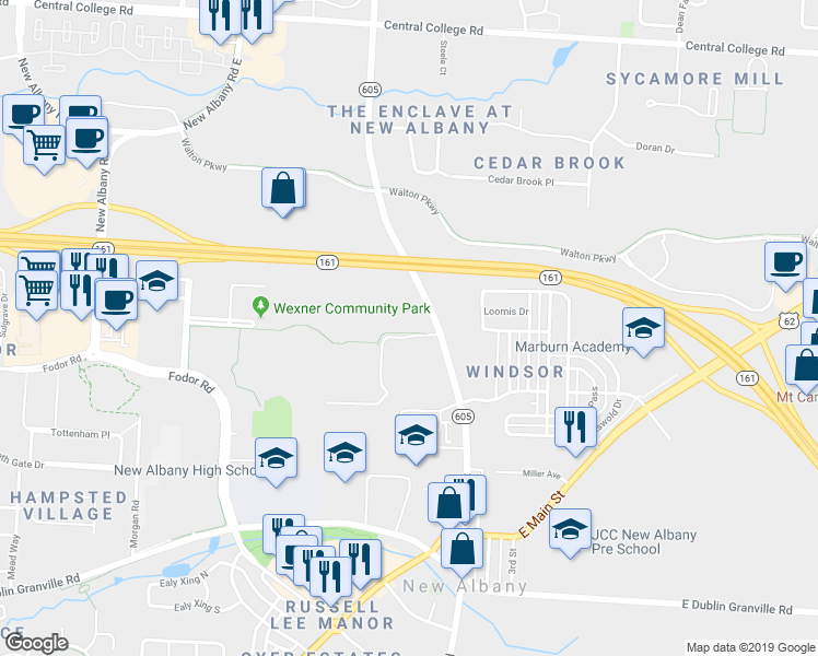 map of restaurants, bars, coffee shops, grocery stores, and more near 6547 New Albany Condit Road in New Albany