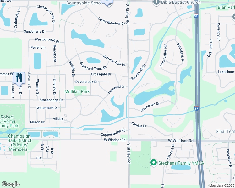 map of restaurants, bars, coffee shops, grocery stores, and more near 2105 Crossgate Court in Champaign