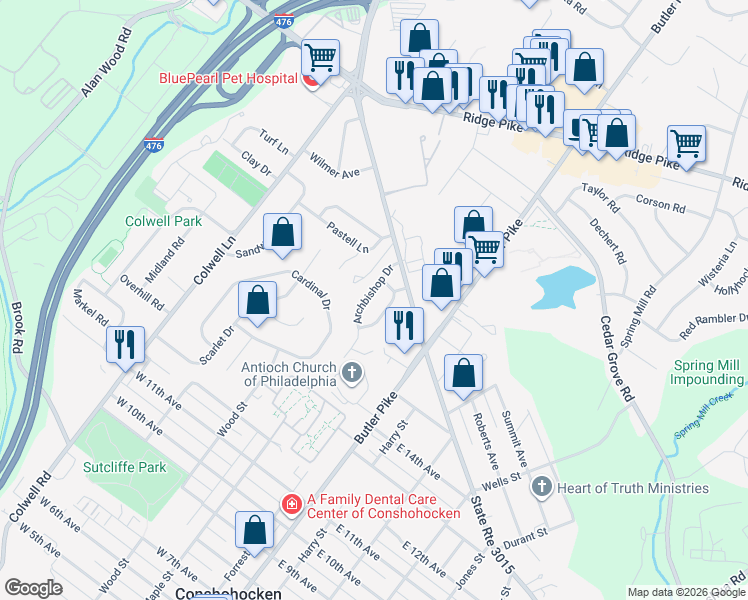 map of restaurants, bars, coffee shops, grocery stores, and more near 112 Archbishop Drive in Conshohocken