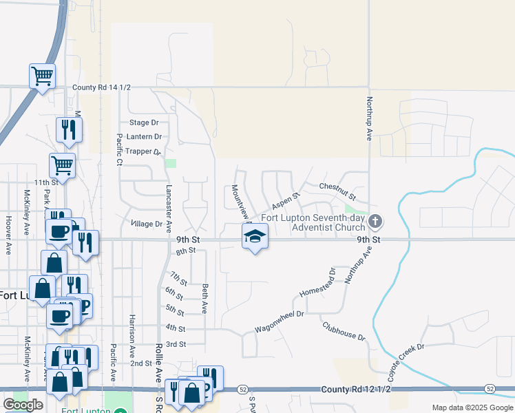 map of restaurants, bars, coffee shops, grocery stores, and more near 1005 Applewood Avenue in Fort Lupton