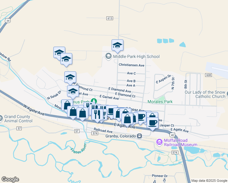 map of restaurants, bars, coffee shops, grocery stores, and more near 172 West Diamond Avenue in Granby