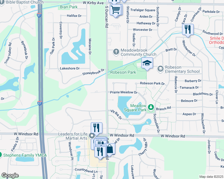 map of restaurants, bars, coffee shops, grocery stores, and more near 2912 Prairie Meadow Dr in Champaign