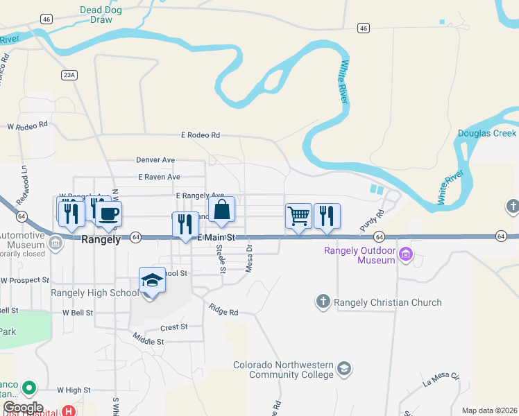 map of restaurants, bars, coffee shops, grocery stores, and more near 718 East Rio Blanco Avenue in Rangely