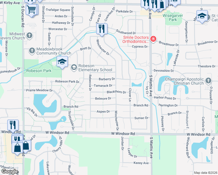 map of restaurants, bars, coffee shops, grocery stores, and more near 2207 Tamarack Drive in Champaign