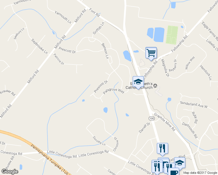 map of restaurants, bars, coffee shops, grocery stores, and more near 117 Palsgrove Way in Chester Springs