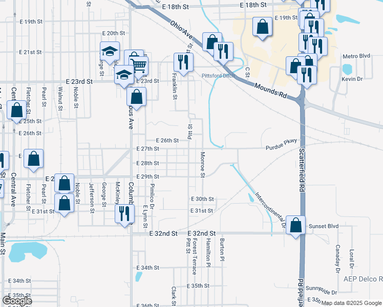 map of restaurants, bars, coffee shops, grocery stores, and more near 2706 Pitt Street in Anderson