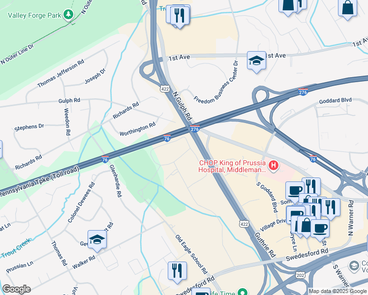 map of restaurants, bars, coffee shops, grocery stores, and more near 389 Drummers Lane in Wayne