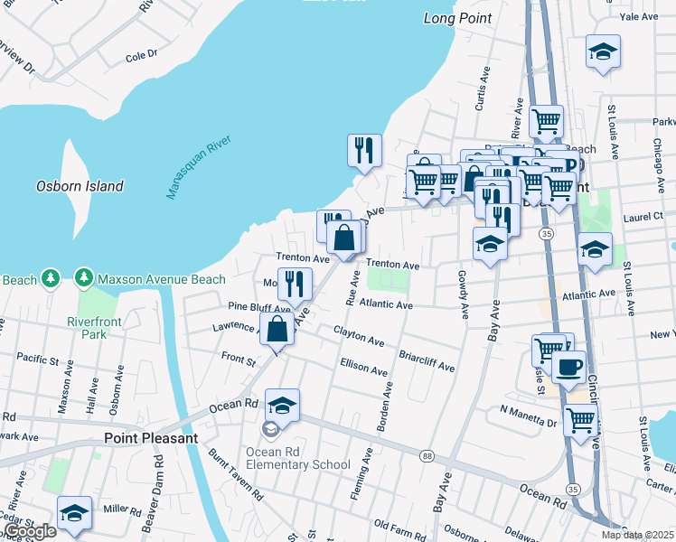 map of restaurants, bars, coffee shops, grocery stores, and more near 902 Arnold Avenue in Point Pleasant