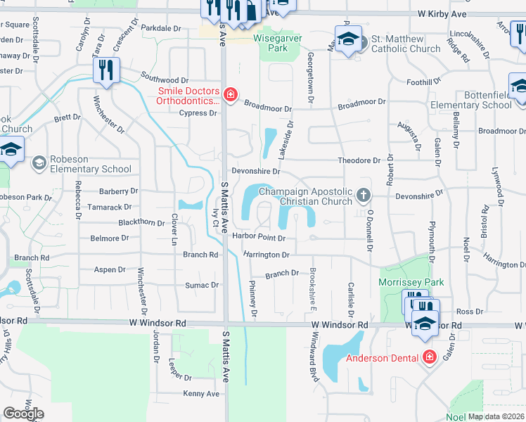 map of restaurants, bars, coffee shops, grocery stores, and more near 2166 Harbor Town Circle in Champaign
