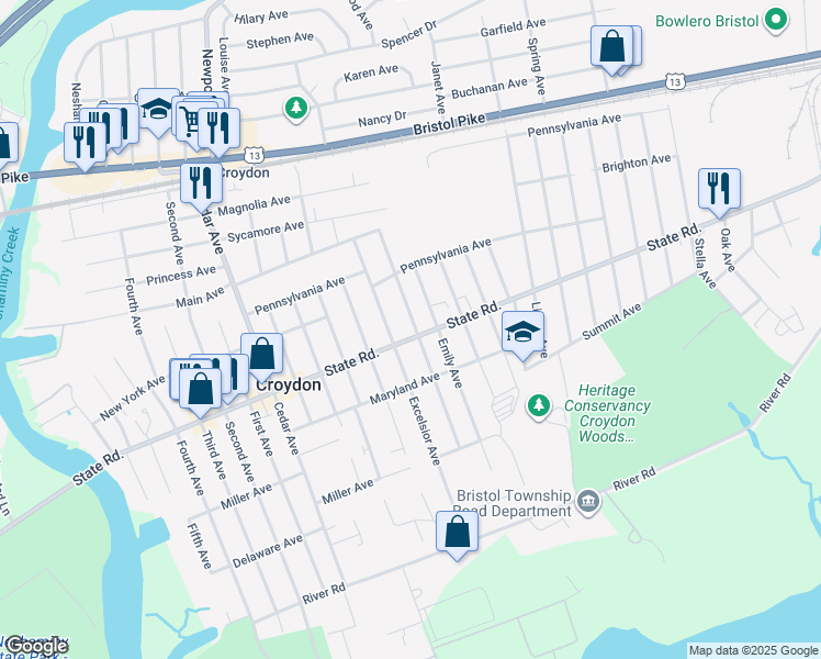 map of restaurants, bars, coffee shops, grocery stores, and more near 1408 State Road in Croydon