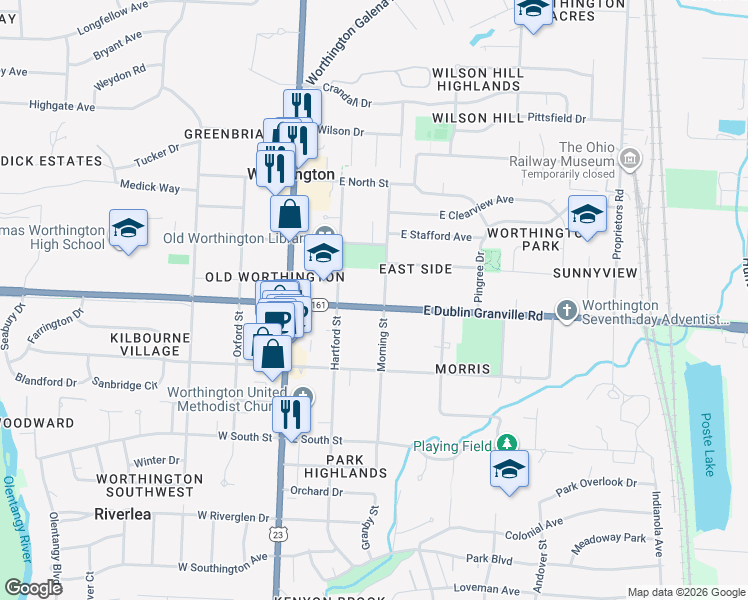 map of restaurants, bars, coffee shops, grocery stores, and more near 116 East Dublin Granville Road in Worthington