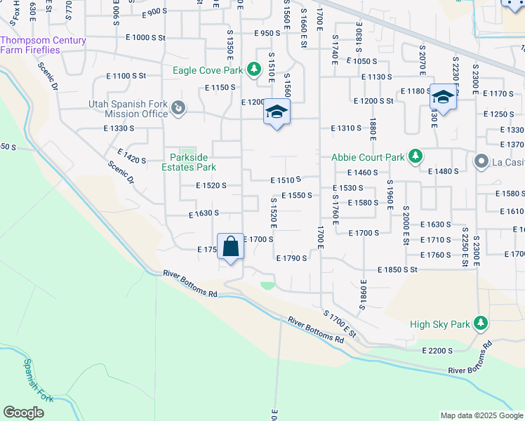map of restaurants, bars, coffee shops, grocery stores, and more near 1627 South 1460 East in Spanish Fork