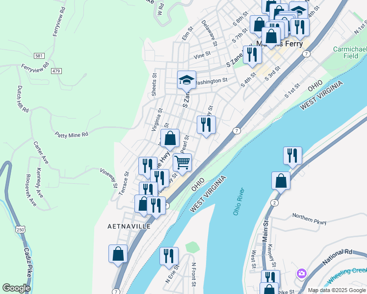 map of restaurants, bars, coffee shops, grocery stores, and more near 1023 Pearl Street in Martins Ferry