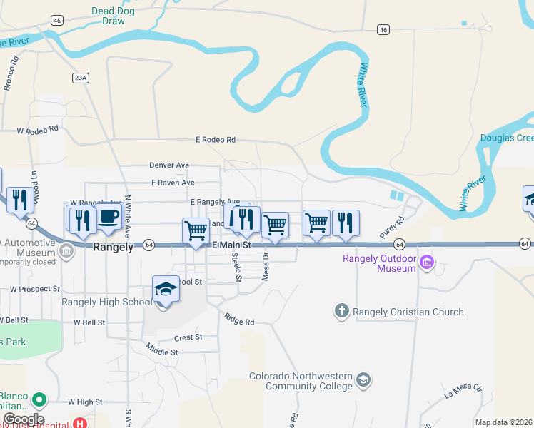map of restaurants, bars, coffee shops, grocery stores, and more near 718 East Rio Blanco Avenue in Rangely
