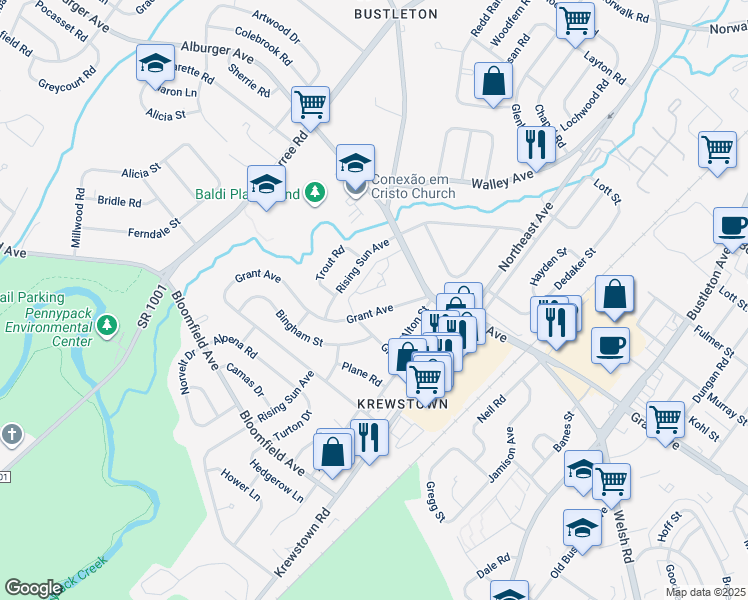 map of restaurants, bars, coffee shops, grocery stores, and more near 1217 Grant Avenue in Philadelphia