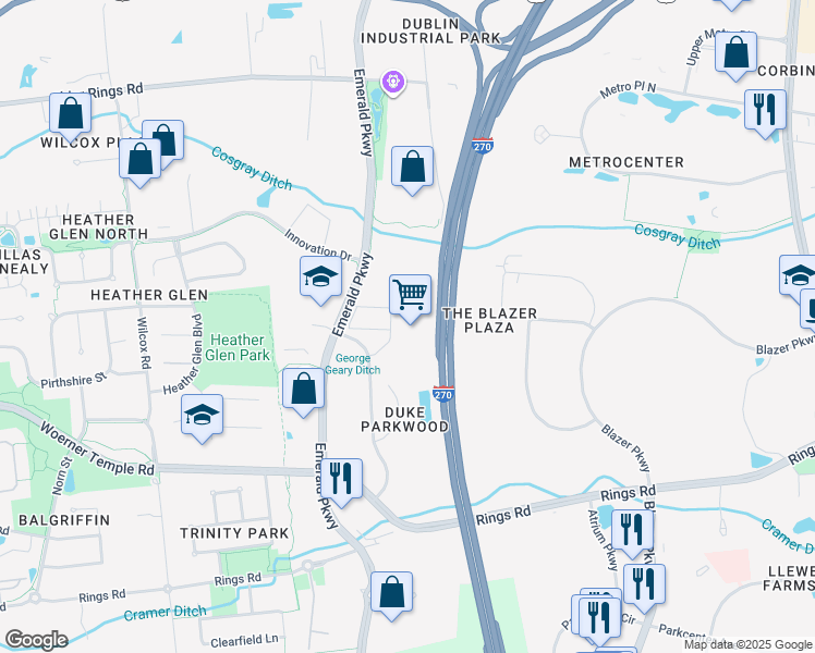 map of restaurants, bars, coffee shops, grocery stores, and more near 6000 Parkwood Place in Dublin