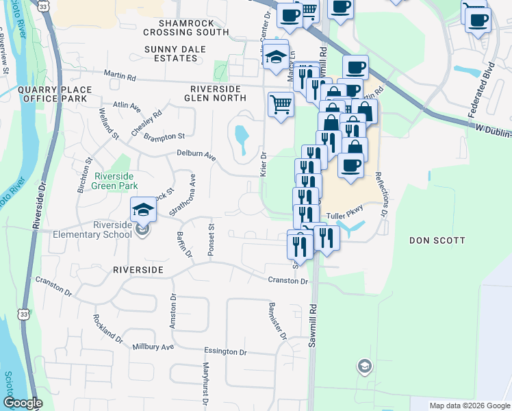 map of restaurants, bars, coffee shops, grocery stores, and more near 6564 Millridge Circle in Dublin