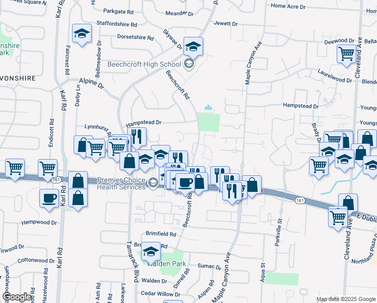 map of restaurants, bars, coffee shops, grocery stores, and more near 5885 Beechcroft Road in Columbus