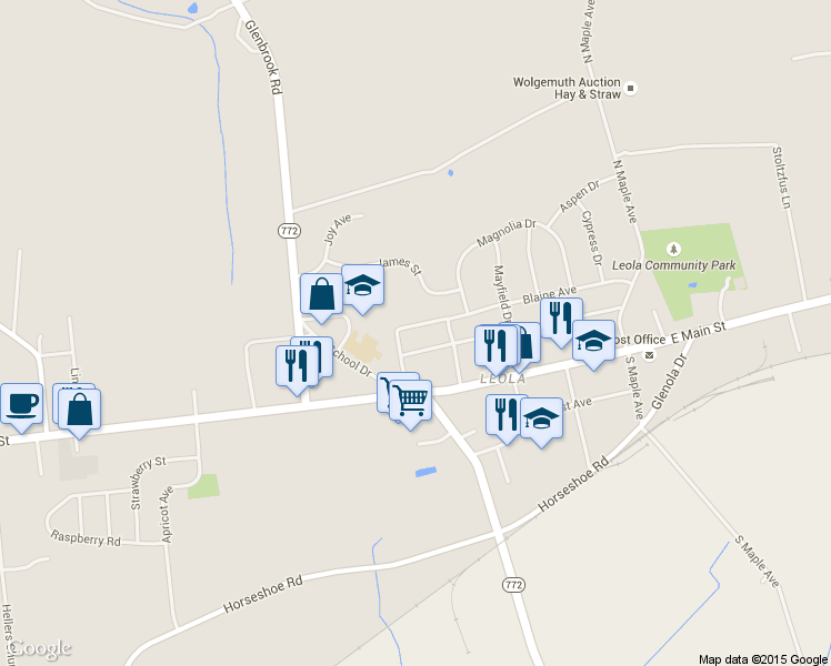 map of restaurants, bars, coffee shops, grocery stores, and more near 84 Blaine Ave in Leola