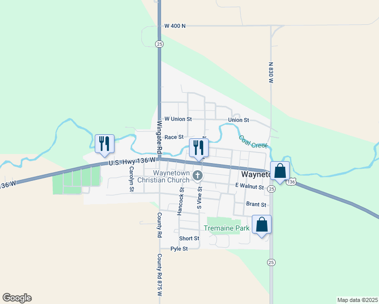 map of restaurants, bars, coffee shops, grocery stores, and more near 113 Market Street in Waynetown