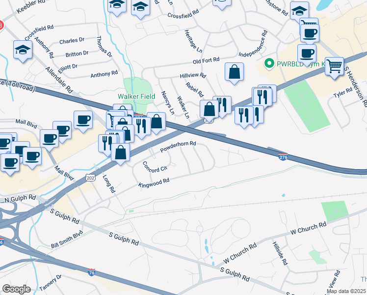 map of restaurants, bars, coffee shops, grocery stores, and more near 493 Powderhorn Road in King of Prussia
