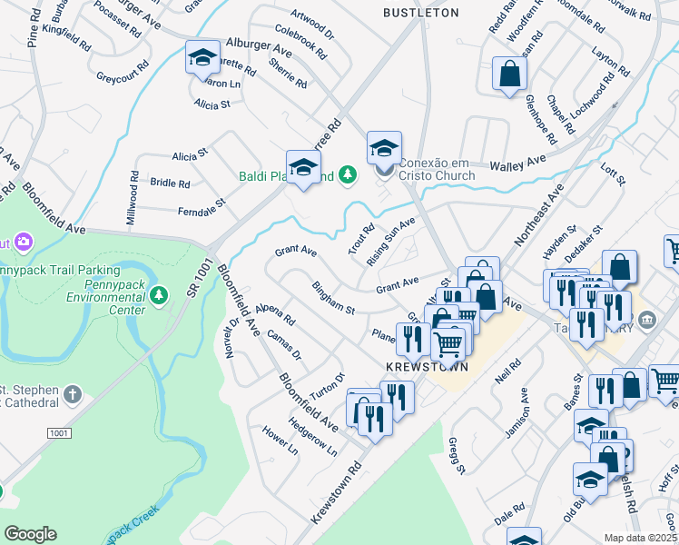 map of restaurants, bars, coffee shops, grocery stores, and more near 1057 Grant Avenue in Philadelphia