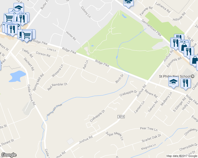 map of restaurants, bars, coffee shops, grocery stores, and more near 260 Birch Drive in Lafayette Hill