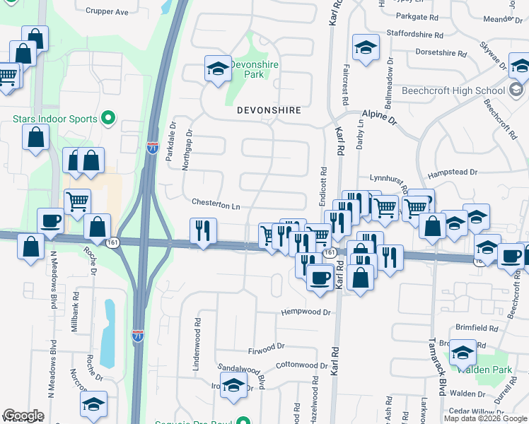 map of restaurants, bars, coffee shops, grocery stores, and more near 1381 Chesterton Square South in Columbus