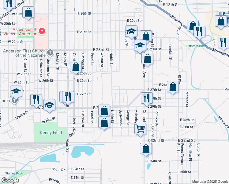 map of restaurants, bars, coffee shops, grocery stores, and more near 613 East 27th Street in Anderson