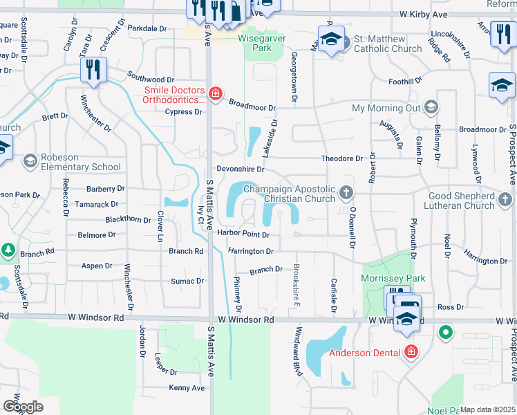 map of restaurants, bars, coffee shops, grocery stores, and more near 2166 Harbor Town Circle in Champaign