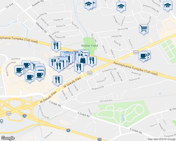 map of restaurants, bars, coffee shops, grocery stores, and more near 590 West Dekalb Pike in King of Prussia