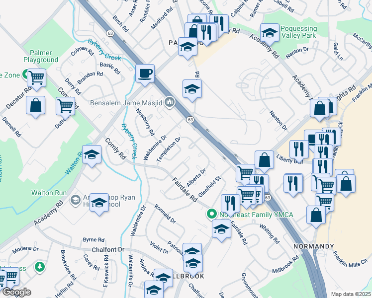map of restaurants, bars, coffee shops, grocery stores, and more near 12102 Covert Road in Philadelphia