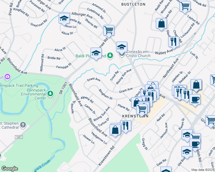 map of restaurants, bars, coffee shops, grocery stores, and more near 1057 Grant Avenue in Philadelphia