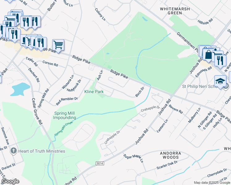 map of restaurants, bars, coffee shops, grocery stores, and more near 260 Birch Drive in Lafayette Hill