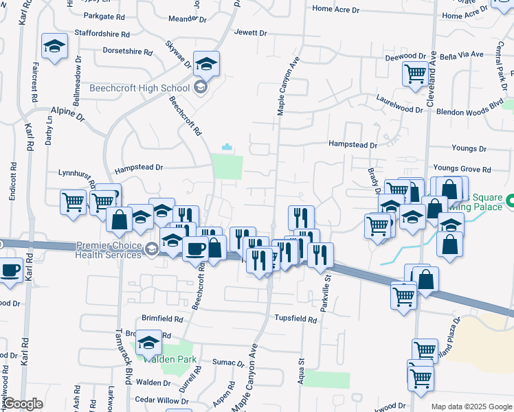 map of restaurants, bars, coffee shops, grocery stores, and more near 2154 Via Da Vinci Street in Columbus