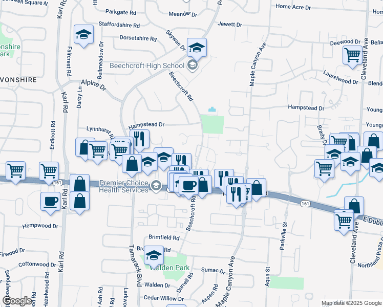 map of restaurants, bars, coffee shops, grocery stores, and more near 5885 Beechcroft Road in Columbus