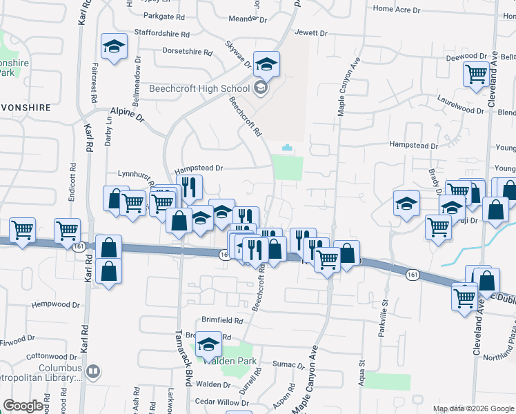 map of restaurants, bars, coffee shops, grocery stores, and more near 5885 Beechcroft Road in Columbus