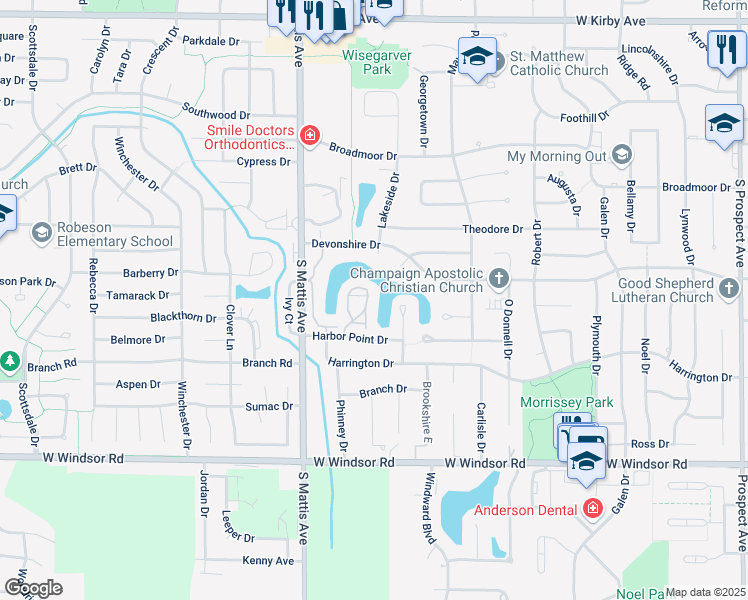 map of restaurants, bars, coffee shops, grocery stores, and more near 2166 Harbor Town Circle in Champaign