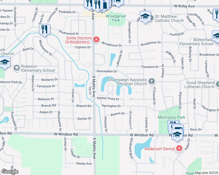 map of restaurants, bars, coffee shops, grocery stores, and more near 2166 Harbor Town Circle in Champaign