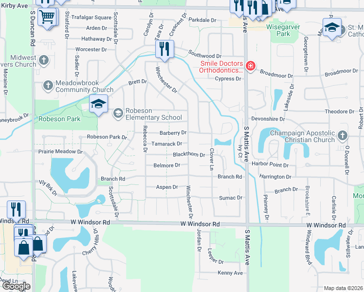 map of restaurants, bars, coffee shops, grocery stores, and more near 2207 Tamarack Drive in Champaign