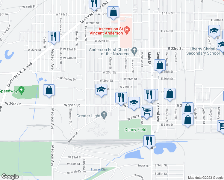 map of restaurants, bars, coffee shops, grocery stores, and more near 2704 Chase Street in Anderson