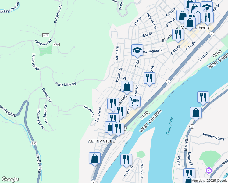 map of restaurants, bars, coffee shops, grocery stores, and more near 1104 Virginia Street in Martins Ferry
