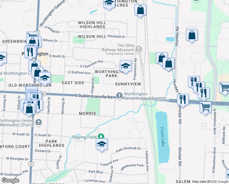 map of restaurants, bars, coffee shops, grocery stores, and more near 348 East Dublin Granville Road in Worthington