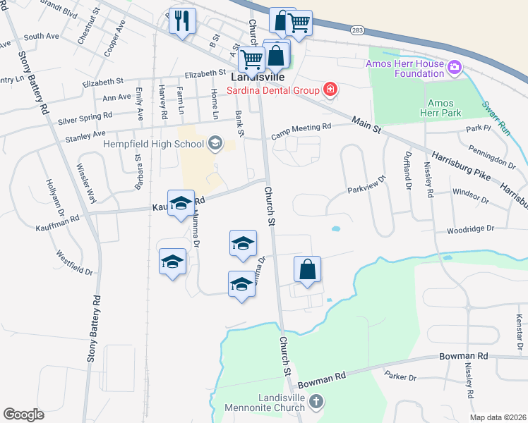 map of restaurants, bars, coffee shops, grocery stores, and more near 300 Church Street in Salunga-Landisville