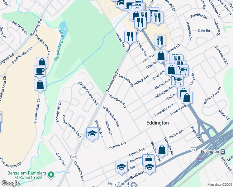 map of restaurants, bars, coffee shops, grocery stores, and more near 2575 June Avenue in Bensalem