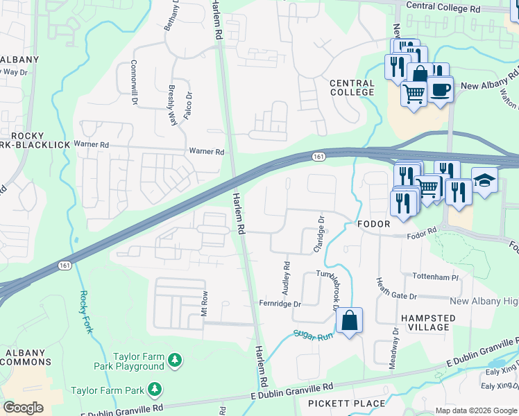 map of restaurants, bars, coffee shops, grocery stores, and more near 5231 Hanover Close in New Albany